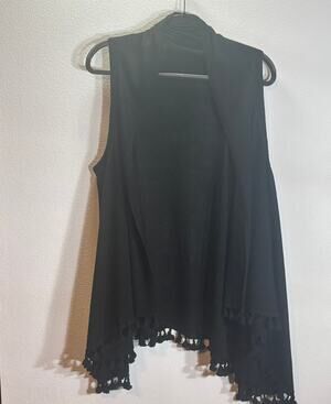 Anna Lane Black Sleeveless Open Front Vest Tassel Fringe Hem Boho